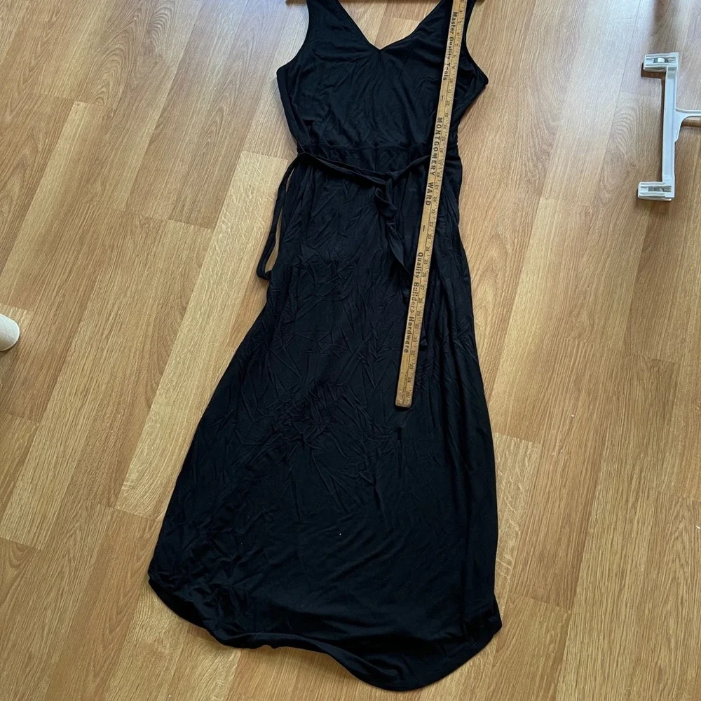 Summer Maxi Tank Dress Women's Sz Large Black V-Neck Tie Belt Boho Casual Comfy